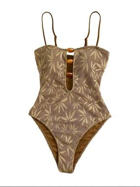 Amazon Brown Patterned One-Piece Swimsuit with Decorative Front Stones